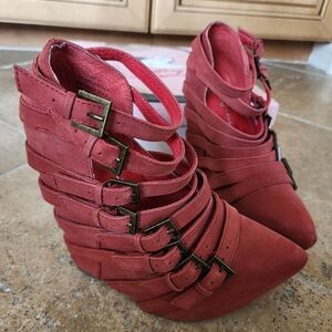 Jeffrey Campbell Zip-2 Brick Red Nubuck Leather Wedge Platform Shoes Size 6